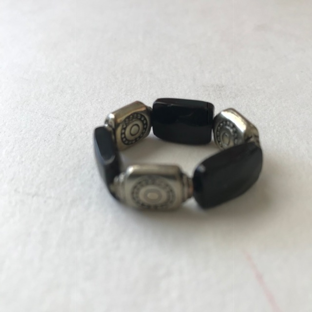Boho Stretch Ring Black Glass Gypsy Handmade VTG